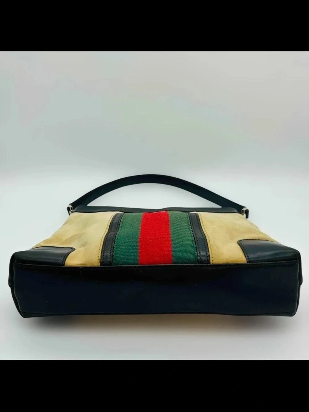 Gucci Beige Canvas Shoulder Bag with Green & Red Stripe and Black Trim